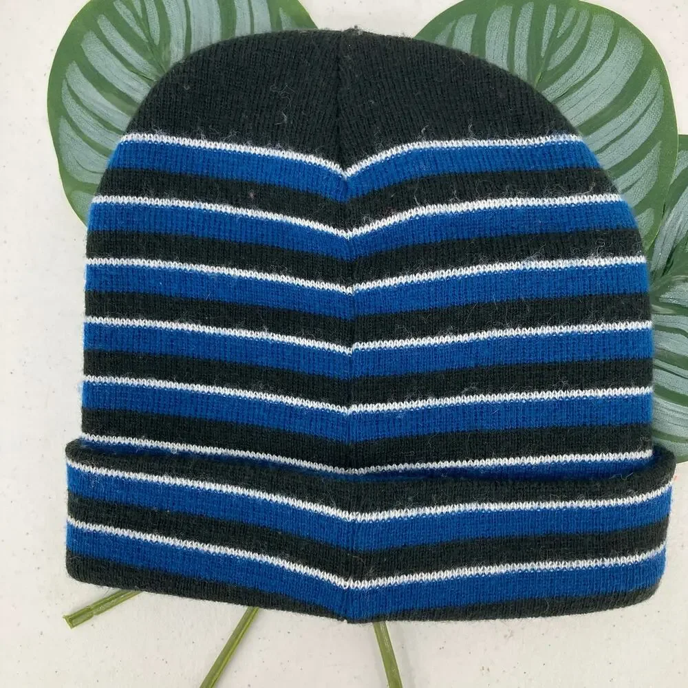 Nike Blue Black White Stripe Knit Cuff Swoosh Logo OSFM Youth Beanie Winter Hat